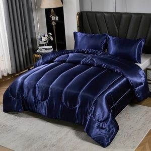 Satin Comforter Set Queen Silk Like Blue Bedding Comforter Luxury Hotel Silky Bed Home Deocr 1 Comforter 2 Pillowcases (Queen, Navy Blue)