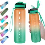 EYQ 32 oz Water Bottle with Time Marker, Carry Strap, Leak-Proof Tritan BPA-Free, Ensure You Drink Enough Water for Fitness, Gym, Camping, Outdoor Sports (Orange/Green Gradient)