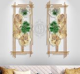 DSH CRAFTING YOUR CURIOSITY Metal Wall Decor Sculpture Leaf Framed (Set Of -2) Wall Art Gold & Green Rectangle Shape For Decoration