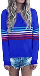 ECOWISH Women's Sweater Rainbow Colorful Striped Sweaters Long Sleeve Crew Neck Color Block Casual Pullover Blouse Tops 01 Royal Blue Large