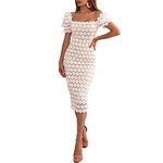 Cololura Elegant Sexy Floral Lace Short Sleeve Off Shoulder Evening Gown Party Formal Bodycon Midi Dress, White, X-Large
