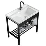 Freestanding Laundry Utility Sink, 28.3" x 19" x 32.3" Ceramic Utility Sink with Washboard Set with Bracket and Drain Kit for Laundry Room, Utility Room, Garage, Basement, Outdoor and Indoor