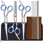 Bamlue 6 in 1 Professional Stainless Steel 4CR Safety Round Tip Dog Grooming Scissors, Anti-Rust Shears Cat Grooming Scissors Pet Kit, Thinning Straight Comb for Long Short Hair-Blue