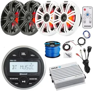 JBL Gauge Style Marine Digital Media Bluetooth Receiver, 4x 6.5" 195 Watt Peak Power Multicolor LED Speakers w/Charcoal and White Grilles, Wire, LED Remote, 4-Channel Amplifier w/Kit, USB/AUX Adapter