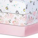 bimocosy Fitted Crib Sheet Set 3 Pack, 28”x 52” Baby Sheets for Standard Crib Toddler Mattress Cover, Super Soft and Breathable Microfiber Mattress Cover for Girls, Floral/Elephant/Pink