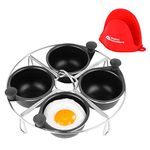 Modern Innovations Stainless Steel 4-Cup Egg Poacher Tray - Complimentary Silicone Mitt - Egg Poacher Insert for Poaching Eggs & Eggs Benedict - Poached Egg Maker Compatible with Most Pans