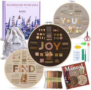 ETSPIL Find Your Joy Beginner Embroidery Kit,3 Pack DIY Starter Kits for Adults with 42 Stitch, Stamped Patterns, Floral Designs, Embroidery Hoop, Colorful Floss, Video Tutorials, and Storage Bag