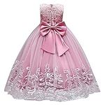 Flower Girls Lace Dress for Kids Wedding Bridesmaid Pageant Party Formal Long Maxi Gown Big Little Princess First Communion Birthday Dance Prom Sequins Bow Puffy Tulle Dresses Dusty Pink 4-5 Years