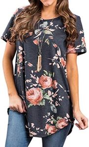 Ezcosplay Women's Round Neck Short Sleeve Floral Print Asymmetric Hem Shirt Top,Grey,Small