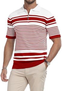 KUYIGO Men's Knit Polo Shirts Short Sleeve Zipper Striped Collared Shirt Slim Fit Casual Lightweight Fashion Tops Red XL