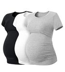 LAPASA Women's Maternity Tops, Soft Modal Cotton Pregnancy Tshirts, Side Ruched Crew Neck Short Sleeve Tees L55, Multicolor 1, XXL