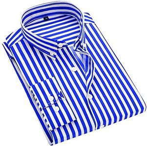 DOKKIA Men's Casual Long Sleeve Vertical Striped Slim Fit Dress Shirts (Royal Blue White, Small)