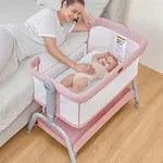 BabyBond Baby Bassinet, 3 in 1 Bassinet Bedside Sleeper with Washable Soft Mattress and Sheet, 6 Height Adjustable Bedside Crib, 4-Sided Mesh Bedside Bassinet for Baby