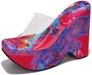 Cape Robbin Pinkki Platform Wedges - Wedges Heels for Women - 6-inch Women Wedge Heels Square Open Toe - Slip On Platform Wedge Heels with Clear Strap - Multicolor Print Size 7