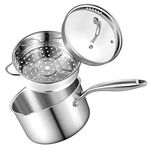 Buttermelt 1.5 Quart Stainless Steel Saucepan with Steamer Basket, Tri-ply Full Body, Multipurpose Sauce Pot with Two-Size Drainage Holes Lid, Perfect for Boiling Gravies, Pasta, Noodles