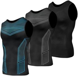 Odoland 3 Pack Men Compression Shirt, Tummy Control Slimming Undershirt Tank Top Men,Line Grey/Line Blue/Black,XXL