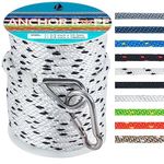 Anchor Rope 100 Ft, Premium Solid Braid MFP Anchor Line with 316 Stainless Steel Thimble, Boat Anchor Rope 3/8 Inch 100 Ft with Heavy Duty Snap Hook - White & Black