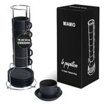 MIAMIO - 75 ml Espresso Cup Set with Saucers Coffee Mug Set of 6 - Ceramic Coffee Mug Stackable Espresso Mug with Stand for Coffee Drinks, Latte, Cafe Mocha - Le Papillon Collection (Black)