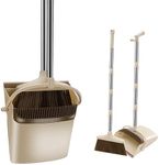 Broom and Dustpan Set, Long Handle Standing Dustpan and Broom Set with Dustpan Teeth, 4 Rows of Hair Plastic Broom Dustpan, Suitable for indoor outdoor garage kitchen room office halls