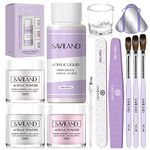 Saviland Acrylic Nail Kit: White Pink Clear Acrylic Powder and Liquid Set with 3 Sizes Nail Brush/Nail File/Nail Forms/Dappen Dish for Beginners