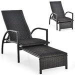 COSTWAY Garden Sun Lounger, 5-Level Adjustable Rattan Deck Chair with Retractable Footrest & Padded Seat, All-Weather Outdoor Wicker Chaise Lounge Patio Sunbed for Balcony, Lawn and Poolside