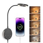 Wall Mounted Reading Light,NoeiiT Book Lights with 5 Dimming,Bedside Headboard Lights Flexible Gooseneck,USB Output,Night Light & Timers Function（5/30 min, 3000K-6500K Upgrade LED Bed Lamp Black