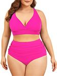 American Trends Womens Plus Size Bikini Two Piece Swimsuits Tummy Control Bathing Suits High Waisted Bikini Swimwear, Rose Red, 16 Plus