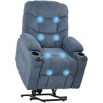 HOMCOM Power Lift Recliner Chair for Elderly with Massage, Electric Recliner with Quiet Motor, USB Port, Side Pockets, Cup Holders, Remote, Memory Function, Reclining Chair, Blue