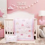 UOMNY Crib Bedding Set for Girls 3 Piece Baby Girl Bedding Crib Set Nursery Bedding Set with Crib Quilt Comforter Crib Sheet Toddler Pillowcase Pink Rainbow