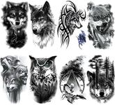 Realistic Wolf Tattoo Temporary For Adult Men, Large Half Sleeve Black Forest Wolf Fake Tattoo Tribal Adult Teen Women, Animal Owl Scorpion Big Temp Tatoo Sticker Arm Chest Body Art Makeup, 8-Sheet