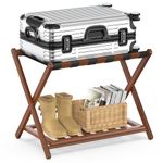 BAMBOOHOMIE Bamboo Luggage Rack for Guest Room, Wide Suitcase Stand with Storage Shelf, Folding Luggage Stand Holder for Bedroom Hotel, 26.77" Thickened Luggage Rack for Suitcases (Brown)