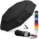 Royal Walk Windproof Folding Travel Umbrella Compact and Strong Luxurious Real Wood Handle Automatic Open Close Vented Double Canopy for Men and Women (Black)