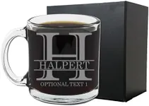 Personalized Etched Monogram 12oz Glass Coffee Mug - Halpert, Customized Gifts for Her Him, Unique Monogrammed Cup Initial