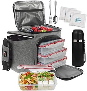 Meal Prep Lunch Box - 8 Piece Set - Insulated Container For Women or Men - 3 Bento Style Boxes (BPA Free) in Large Lunch Bag- Microwave Safe - Includes Fork, Spoon, Thermos & 2 Ice Packs - A2S