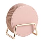 HYANITEQ 6 Pcs Coasters with Holder Coasters for Coffee Table Coasters for Drinks Coasters for Dining Table PU Leather Absorbent Coasters with Cork Base Housewarming Gift for New Home Decor(Pink)