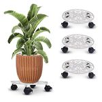 Sharpex Pack of 4 Metal Caddy Iron Dolly on Round Rack Rustproof Sturdy Potted Indoor Outdoor Plant Stand/Trolley with Locking Wheels for Balcony, Living Room, Home and Garden (White)