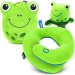 BCOZZY Kids Chin Supporting Travel Pillow for 3-7 Y/O -Stops The Head from Falling Forward– Comfortable Road Trip Essential. Soft, Washable, Small Size, Green, Frog Bag and Frog Moodizz