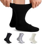 Forcool Merino Wool Diabetic Extra Wide Loose Top Non-Binding Top Crew Socks withSeamless Toe, Cushion Sole, Large, Black+Grey+Beige, 3 Pairs