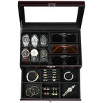 Huquter Watch Box for Men, 2 Tier Mens Jewellery Box with 6 Slot Watch Case & 3 Slot Sunglasses Organiser, Lockable PU Leather Watch Holder with Glass Lid For Earrings Rings Necklaces Bracelets, Black