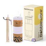Bobbleware Borosilicate Glass Bubble Tea Tumbler with Lid & Straw, Reusable Boba Smoothie Cup, Wide Mouth Travel Tumbler with Sleeve, Leak-proof, Dishwasher Safe, BPA-free, Lilac-17oz/500ml