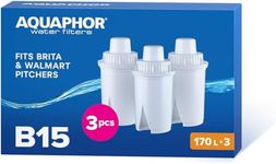 AQUAPHOR B15 3 Pack Pitcher Water Filter, fits all Aquaphor B15 pitchers, Brita Standard EveryDay AND Walmart Great Value, 45 Gallons per filter. Reduces Chlorine, limescale and heavy metals. BPA Free