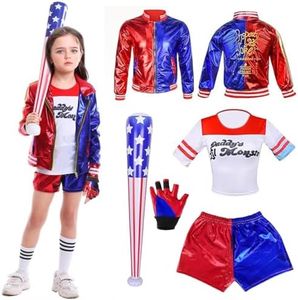 Déguisement Quinn Costume Enfant, 6 pcs Quinn Cosplay Costumes Fille, Déguisement Harley Cosplay Costume Set, Cosplay Joker Girls Costume con Short, Manteau, T-Shirt, Gants, Baseball Gonflable (120)