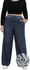Love Welove Fashion Jeans for Women Fleece Elastic High Waisted Pull On Drawstring Baggy Denim Pants Plus Size 3XL
