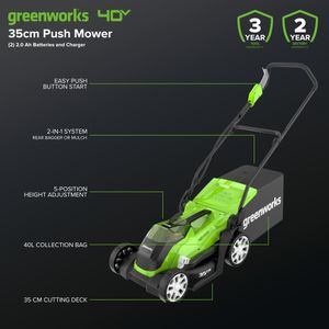 Greenworks 40V Cordless Lawnmower – 35cm Cutting Width