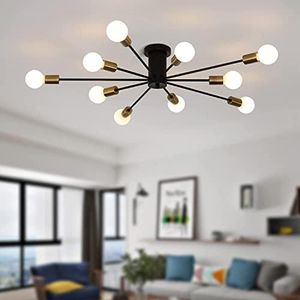 Jaycomey Modern Sputnik Ceiling Light, 10-Light Mid Century Sputnik Chandelier Industrial Semi Flush Mount Ceiling Light Fixture for Living Room Kitchen Bedroom Farmhouse Dining Room(Black+Gold)