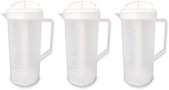JBK Pottery 2-Quart White Mixing Pitcher with Plunger – BPA-Free Plastic Pitcher for Juice, Milk, Shakes, Tea & More – Dishwasher-Safe, Spill-Proof Lid, Set of 3