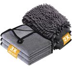 KEYAYE 5 Pcs Car Washing Kit with 3x Microfibre Cleaning Cloth Car and 2er Microfibre Car Wash Mitt, Dual-Sided Ultra Soft Car Drying Towels and Gloves for Car Care,Washing,Polishing, 600GSM, 40x30cm