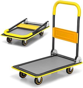 Costway Folding Push Cart Dolly, Moving Hand Truck, Rolling Flatbed Cart for Loading, with 360 Degree Swivel Wheels, 150 kg Weight Capacity, Platform Cart, for Garage, Warehouse, Yellow & Black