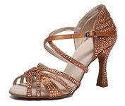 MINITOO Womens Rhinestone Dancing Shoes Cross Strap Bridal Wedding Sandals L568, L568 Bronze 3.54" Heel, 6.5