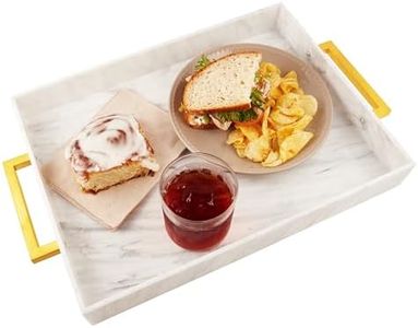 Acrylic Serving Tray with Gold Handles, 16" x 12" Decorative Trays for Coffee Table, Spill Proof Food and Drinks Server, Ottoman Tray for Countertop, Kitchen, Vanity, Serving Party Platter (Marble)